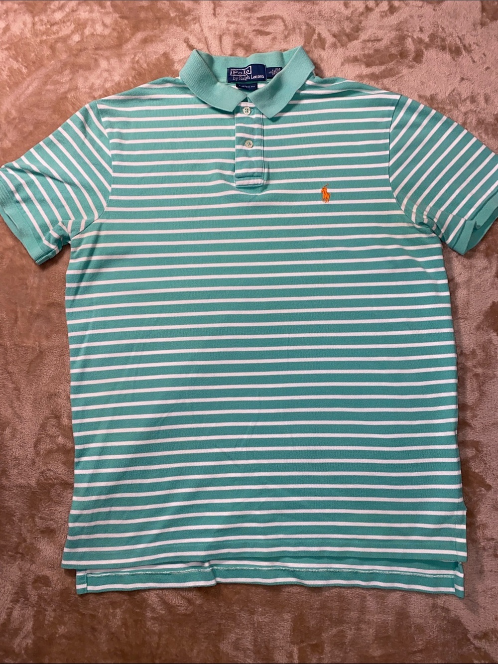 Polo by Ralph Lauren Mint Green & White Striped Polo with Orange Pony
